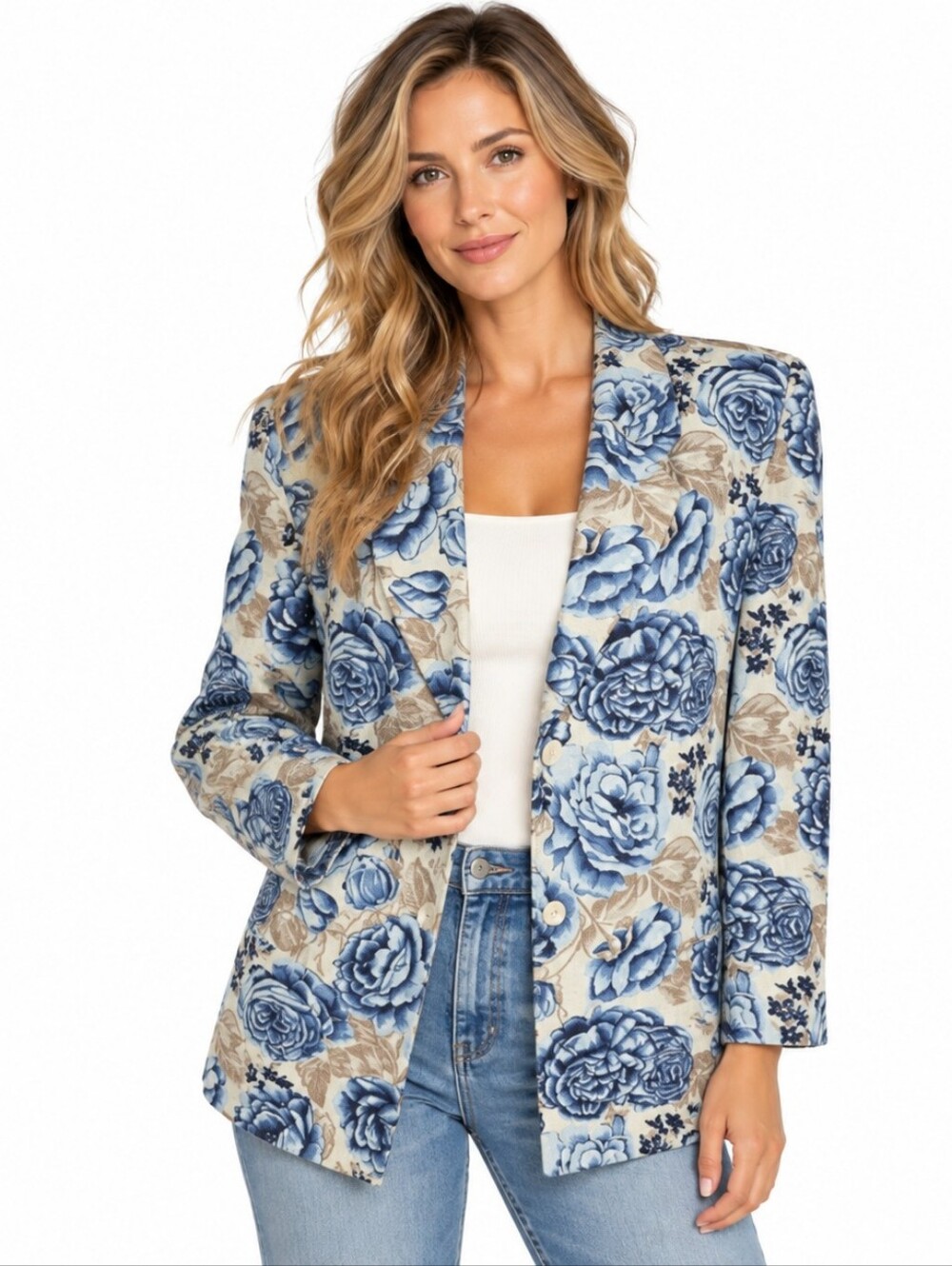 Vintage Pappagallo Blazer Size 12 Blue Rose Floral Linen Blend Made USA